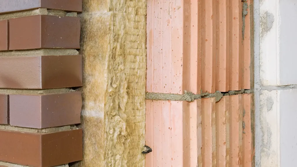 Schnittansicht einer Außenwandkonstruktion mit Ziegelmauerwerk, Steinwolle oder Mineralfaser-Dämmung (WDVS) und einer Vormauerung aus Klinkerriemchen oder Verblendsteinen.