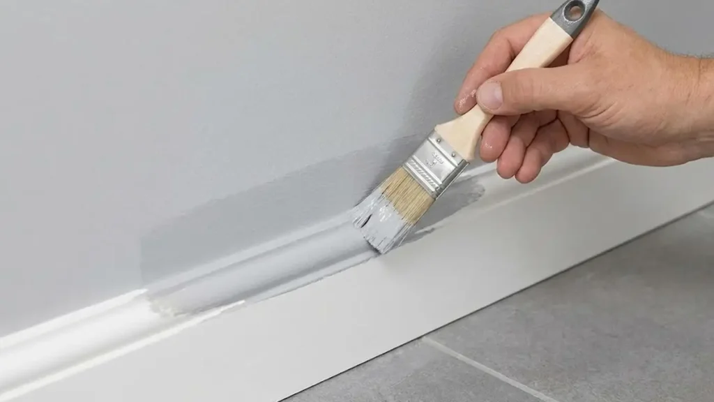 Handwerker überstreicht erfolgreich eine Dichtstofffuge an einer weißen Sockelleiste mit grauer Wandfarbe, ohne Rissbildung oder Runzeln.