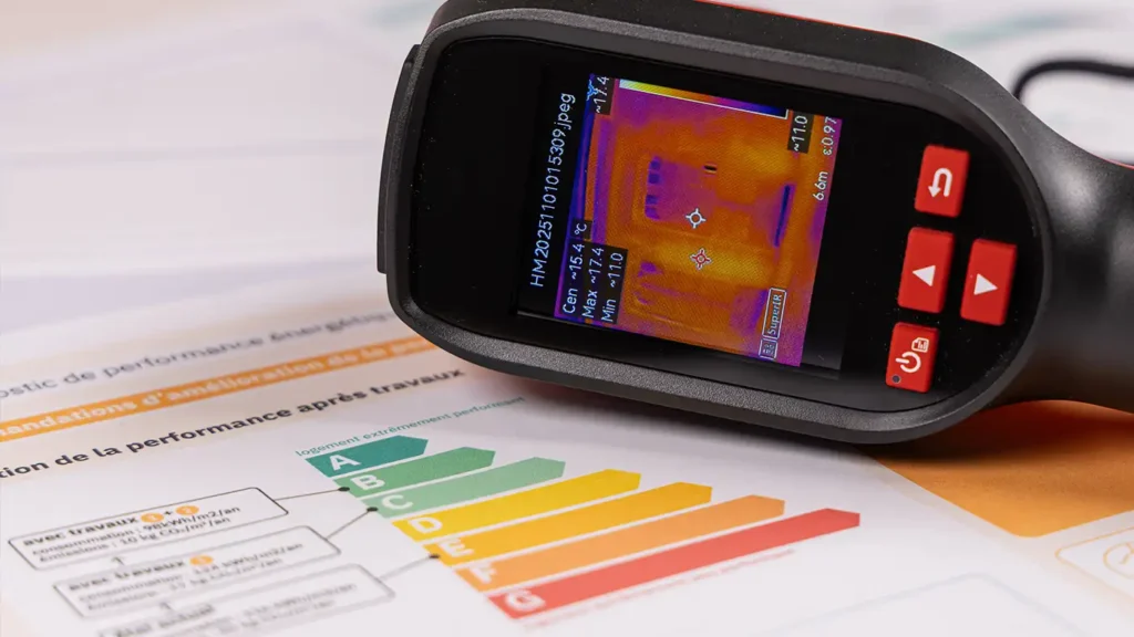 Eine schwarze Wärmebildkamera, die den Wärmeverlust eines Gebäudes anzeigt, liegt auf einem ausgedruckten Energieausweis mit einer bunten Effizienzskala von A bis G.