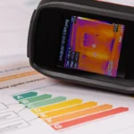 Eine schwarze Wärmebildkamera, die den Wärmeverlust eines Gebäudes anzeigt, liegt auf einem ausgedruckten Energieausweis mit einer bunten Effizienzskala von A bis G.